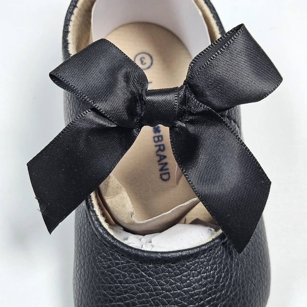 Lucky Brand Mary Jane Flats Girls 3 Black Bow Satin Ribbon Crib Shoes 6-9m NEW‎